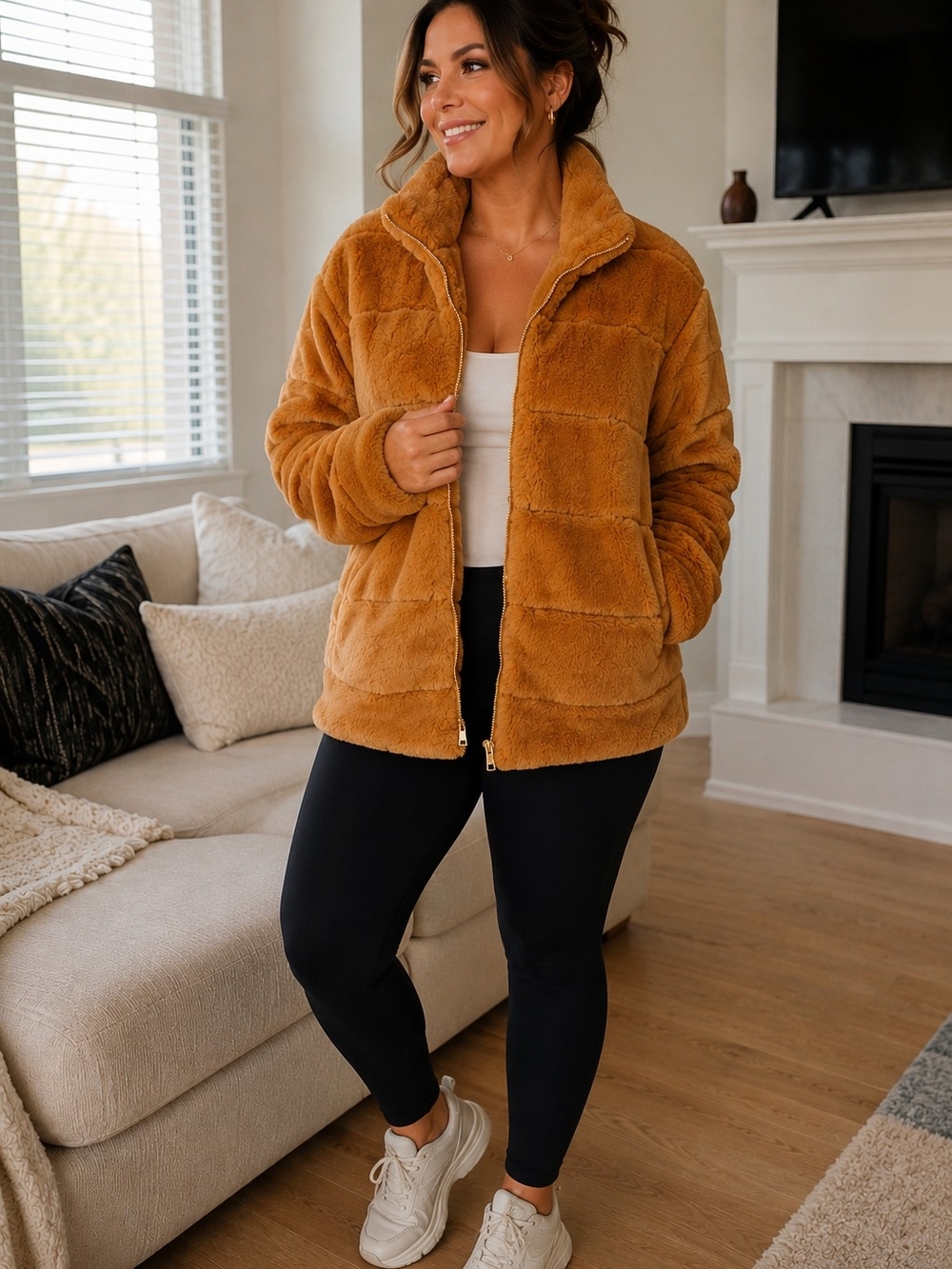 crown & ivy Plush Zip-Up Teddy Jacket in Camel Brown